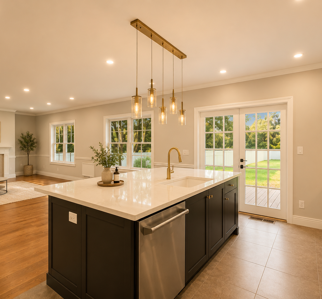 Custom dark green kitchen island with white quartz countertop and modern cabinetry by custom CNC workshop in New Jersey.