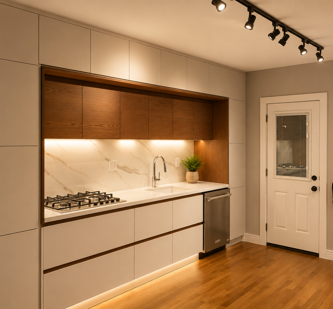 Precision CNC custom cabinetry design in NJ: sleek gray panels and warm walnut recessed niche, featuring integrated dishwasher and linear lighting.