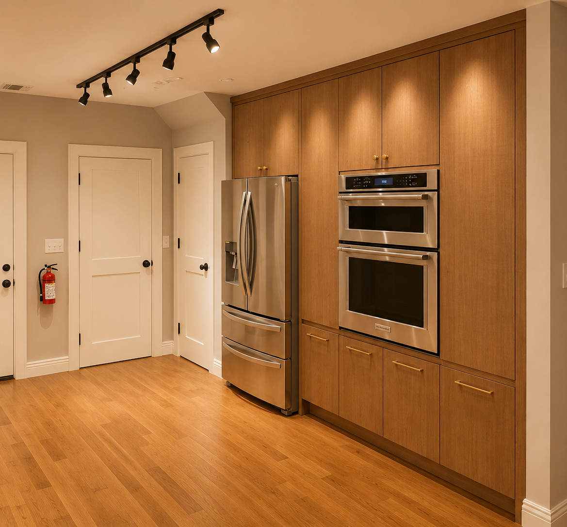 Custom oak pantry cabinets with integrated double oven and stainless steel refrigerator by New Jersey CNC wood workshop.